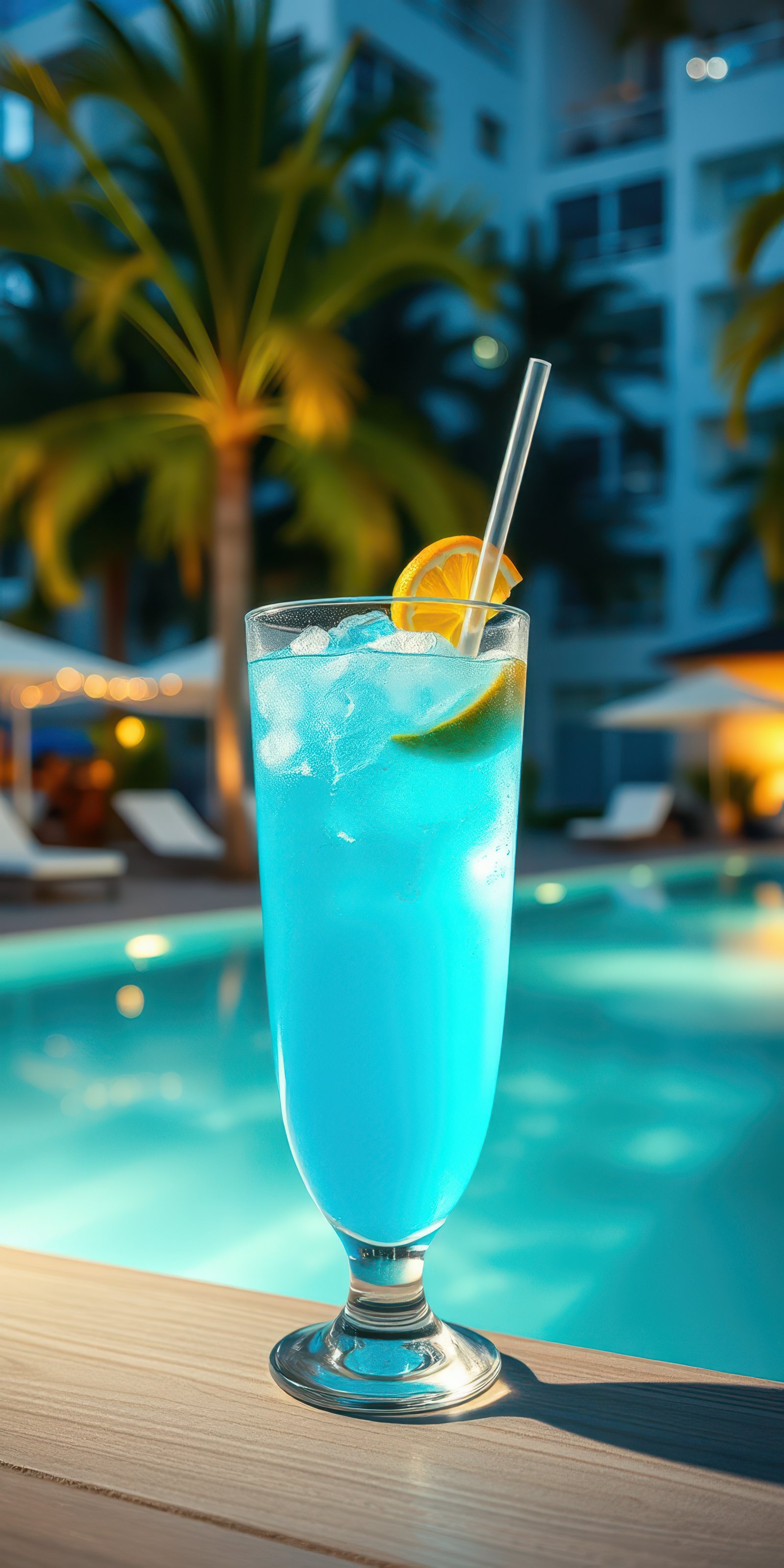 Bright blue cocktail served poolside with tropical ambiance during the evening